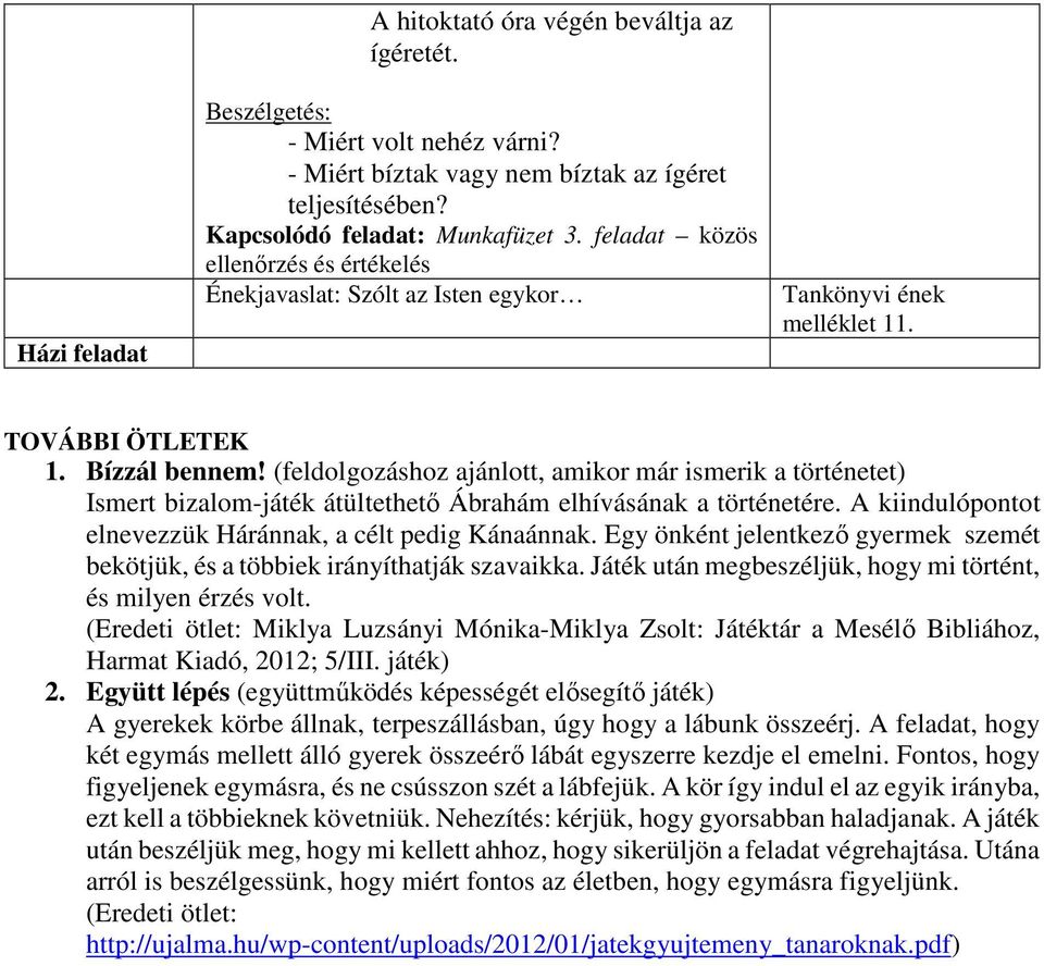 (feldolgozáshoz ajánlott, amikor már ismerik a történetet) Ismert bizalom-játék átültethető Ábrahám elhívásának a történetére. A kiindulópontot elnevezzük Háránnak, a célt pedig Kánaánnak.