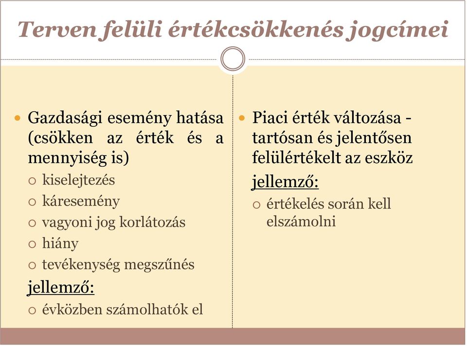 tevékenység megszűnés jellemző: évközben számolhatók el Piaci érték változása -