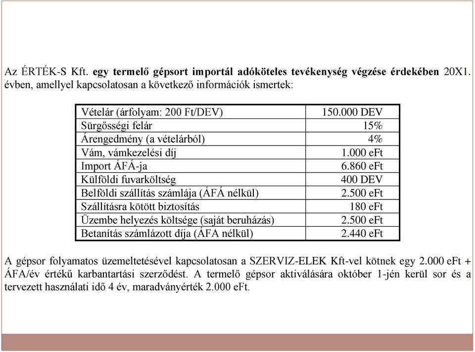 500 eft Szállításra kötött biztosítás 180 eft Üzembe helyezés költsége (saját beruházás) 2.500 eft Betanítás számlázott díja (ÁFA nélkül) 2.