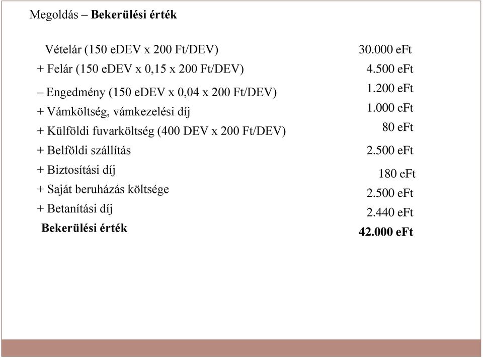 DEV x 200 Ft/DEV) + Belföldi szállítás + Biztosítási díj + Saját beruházás költsége + Betanítási díj