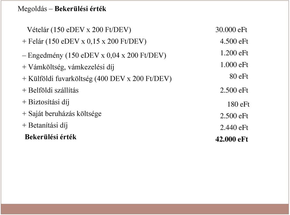 DEV x 200 Ft/DEV) + Belföldi szállítás + Biztosítási díj + Saját beruházás költsége + Betanítási díj