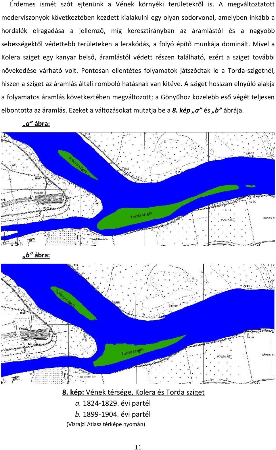 védettebb területeken a lerakódás, a folyó építő munkája dominált. Mivel a Kolera sziget egy kanyar belső, áramlástól védett részen található, ezért a sziget további növekedése várható volt.