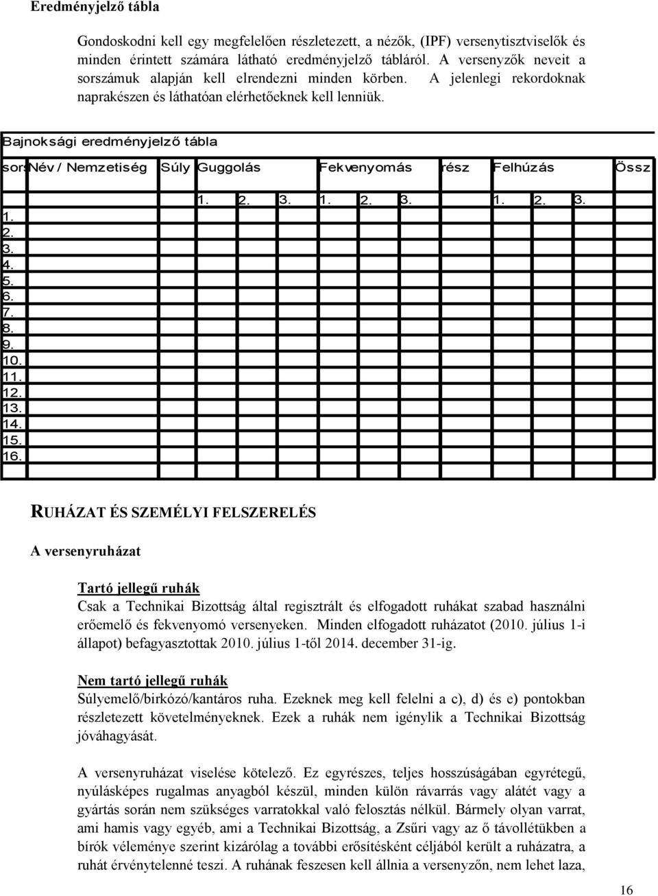 Bajnoksági eredményjelző tábla sorszám Név / Nemzetiség Súly Guggolás Fekvenyomás rész Felhúzás Össz 1. 2. 3.