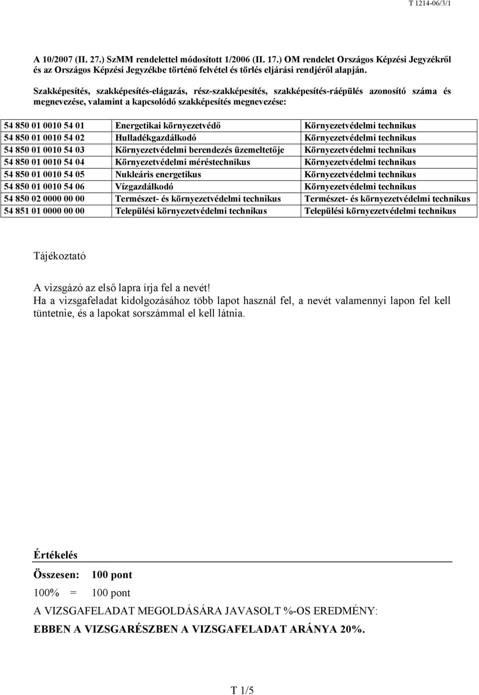 környezetvédő Környezetvédelmi technikus 54 850 01 0010 54 02 Hulladékgazdálkodó Környezetvédelmi technikus 54 850 01 0010 54 03 Környezetvédelmi berendezés üzemeltetője Környezetvédelmi technikus 54