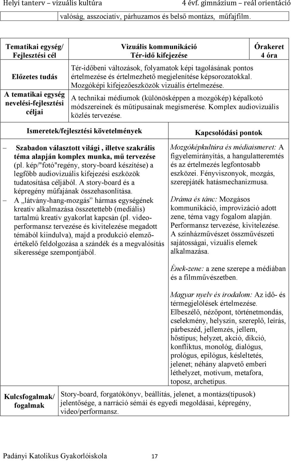 Mozgóképi kifejezőeszközök vizuális értelmezése. 4 óra A technikai médiumok (különösképpen a mozgókép) képalkotó módszereinek és műtípusainak megismerése. Komplex audiovizuális közlés tervezése.