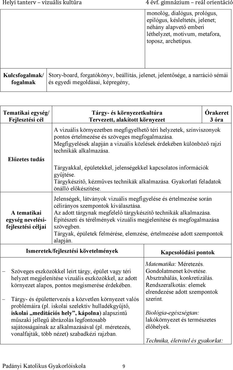 környezet 3 óra A vizuális környezetben megfigyelhető téri helyzetek, színviszonyok pontos értelmezése és szöveges megfogalmazása.