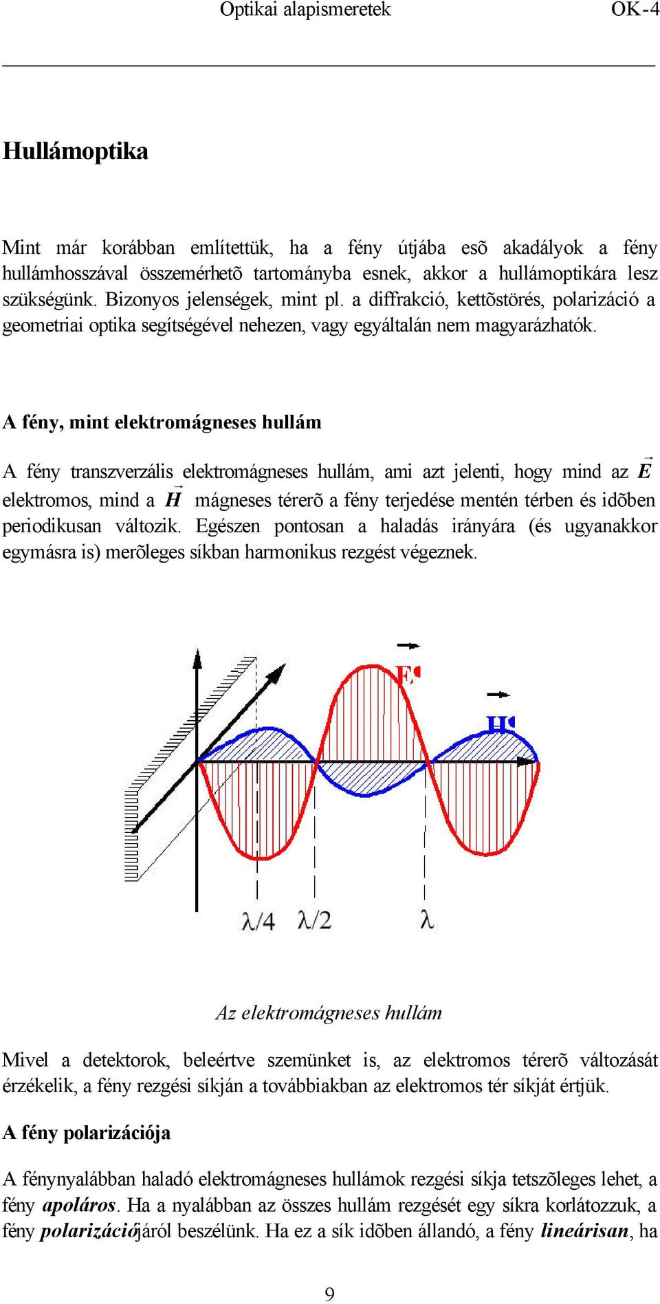 A fény, mint elektromágneses hullám A fény transzverzális elektromágneses hullám, ami azt jelenti, hogy mind az E elektromos, mind a H mágneses térerõ a fény terjedése mentén térben és idõben