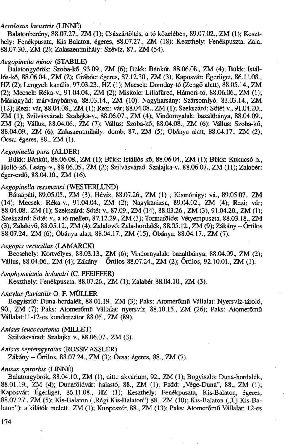 , ZM (2); Grábóc: égeres, 87.12.30., ZM (3); Kaposvár: Égerliget, 86.11.08., HZ (2); Lengyel: kanális, 97.03.23., HZ (1); Mecsek: Domday-tó (Zengő alatt), 88.05.14., ZM (2); Mecsek: Réka-v., 91.04.