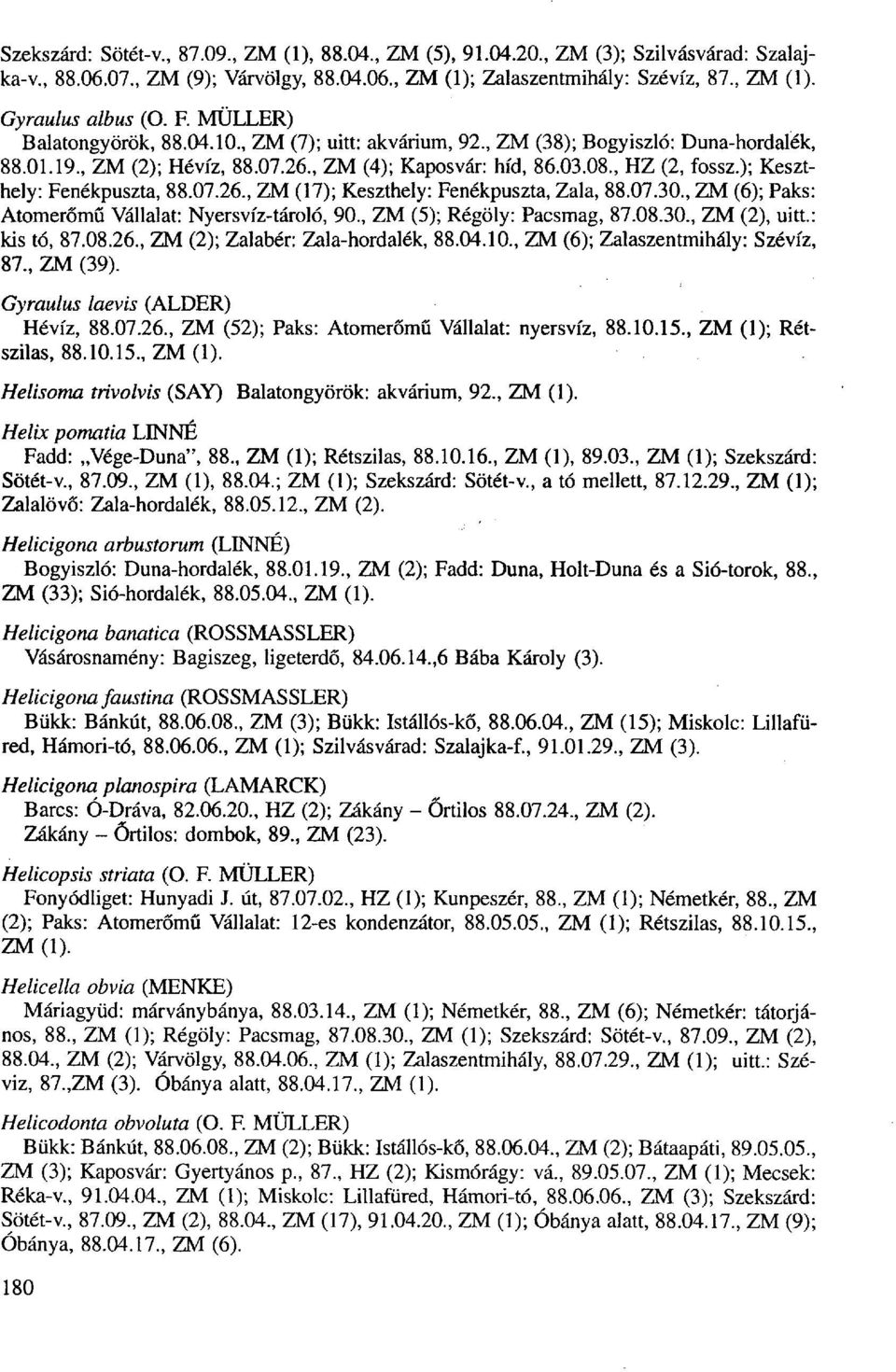 ); Keszthely: Fenékpuszta, 88.07.26., ZM (17); Keszthely: Fenékpuszta, Zala, 88.07.30., ZM (6); Paks: Atomerőmű Vállalat: Nyersvíz-tároló, 90., ZM (5); Régöly: Pacsmag, 87.08.30., ZM (2), uitt.