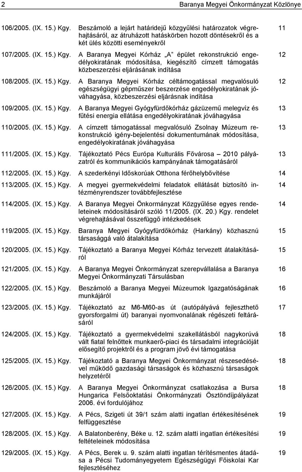 A Baranya Megyei Kórház A épület rekonstrukció engedélyokiratának módosítása, kiegészítő címzett támogatás közbeszerzési eljárásának indítása 108/2005. (IX. 15.) Kgy.