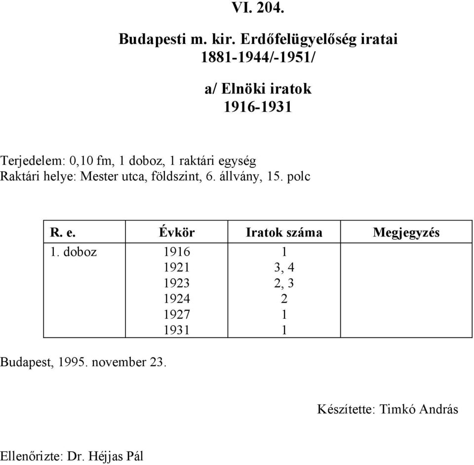 doboz, 1 raktári egység Raktári helye: Mester utca, földszint, 6. állvány, 15. polc R. e. Évkör Iratok száma Megjegyzés 1.