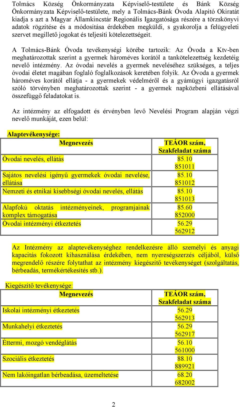 A Tolmács-Bánk Óvoda tevékenységi körébe tartozik: Az Óvoda a Ktv-ben meghatározottak szerint a gyermek hároméves korától a tankötelezettség kezdetéig nevelő intézmény.