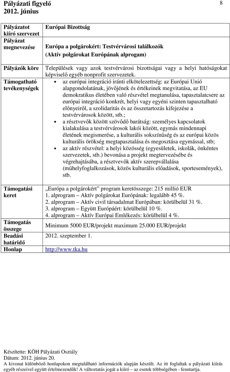 az európai integráció iránti elkötelezettség: az Európai Unió alapgondolatának, jövőjének és értékeinek megvitatása, az EU demokratikus életében való részvétel megtanulása, tapasztalatcsere az