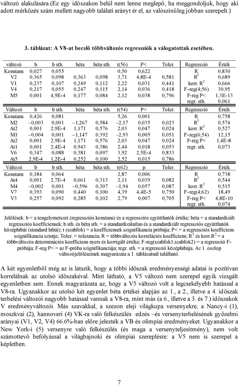 Regresszió Érték Konstans 0,027 0,055 0,50 0,622 R 0,830 V2 0,365 0,098 0,363 0,098 3,71 4,8E-4 0,581 R 2 0,689 V1 0,237 0,107 0,249 0,112 2,22 0,031 0,441 korr.