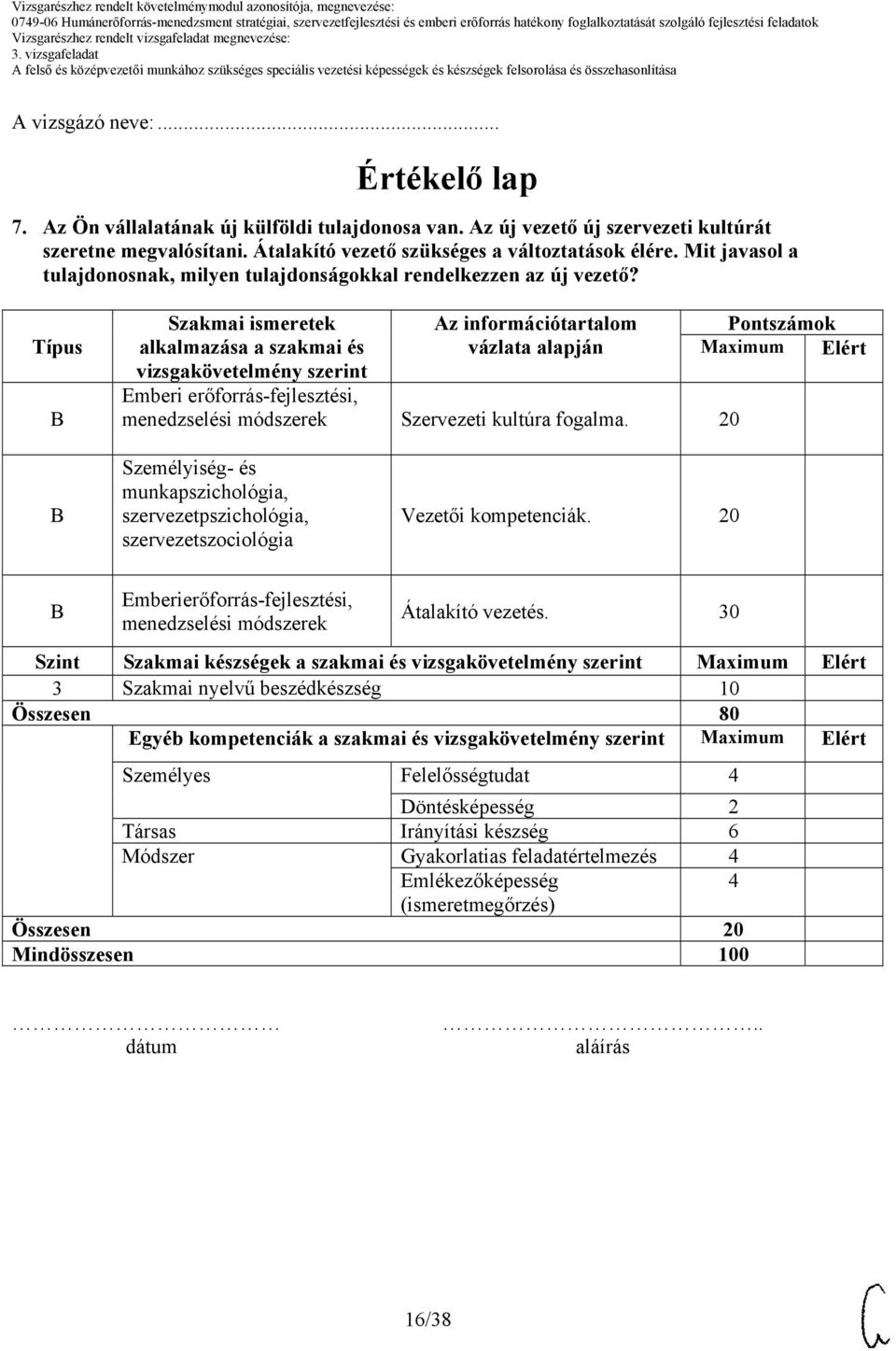 Típus Szakmai ismeretek alkalmazása a szakmai és vizsgakövetelmény szerint Az információtartalom vázlata alapján Emberi erőforrás-fejlesztési, Szervezeti kultúra fogalma.