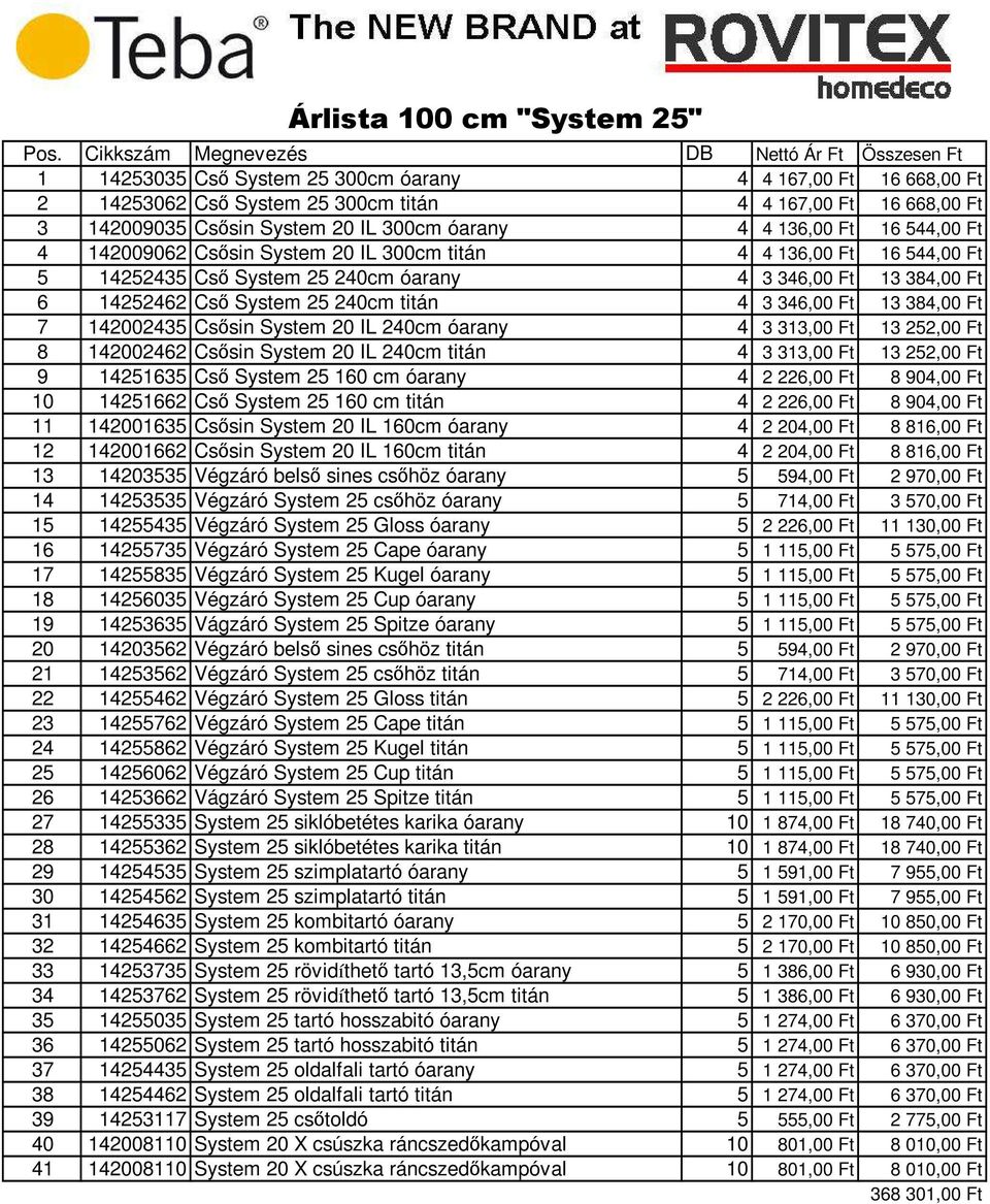 System 20 IL 300cm óarany 4 4 136,00 Ft 16 544,00 Ft 4 142009062 Csősin System 20 IL 300cm titán 4 4 136,00 Ft 16 544,00 Ft 5 14252435 Cső System 25 240cm óarany 4 3 346,00 Ft 13 384,00 Ft 6 14252462