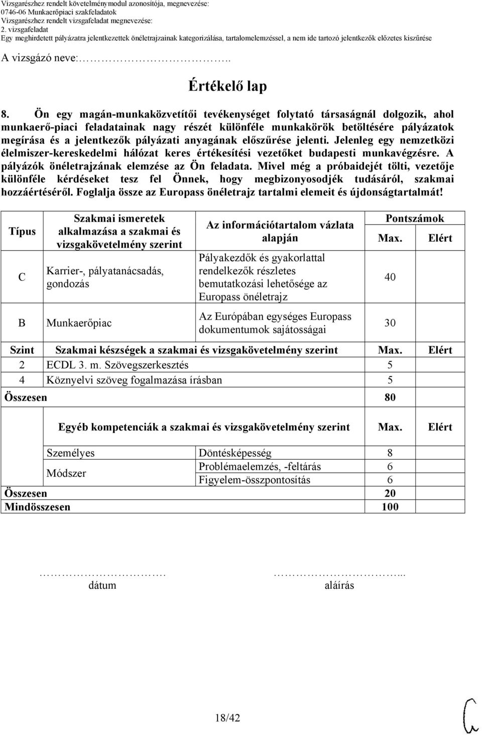 Típus C B Szakmai ismeretek alkalmazása a szakmai és vizsgakövetelmény szerint Karrier-, pályatanácsadás, gondozás Munkaerőpiac alapján Pályakezdők és gyakorlattal rendelkezők részletes bemutatkozási