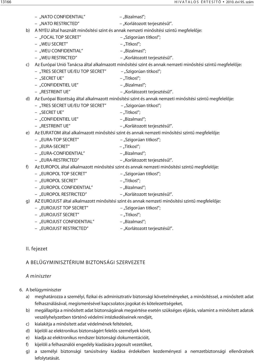 ; WEU RESTRICTED Korlátozott terjesztésû!. c) Az Európai Unió Tanácsa által alkalmazott minõsítési szint és annak nemzeti minõsítési szintû megfelelõje: TRES SECRET UE/EU TOP SECRET Szigorúan titkos!