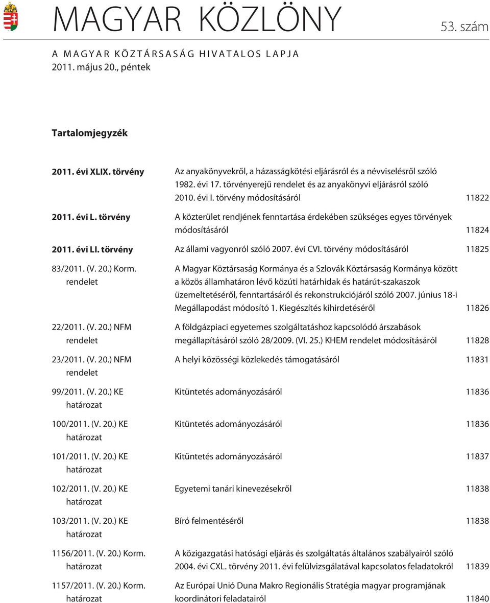 évi L. törvény A közterület rendjének fenntartása érdekében szükséges egyes törvények módosításáról 11824 2011. évi LI. törvény Az állami vagyonról szóló 2007. évi CVI.