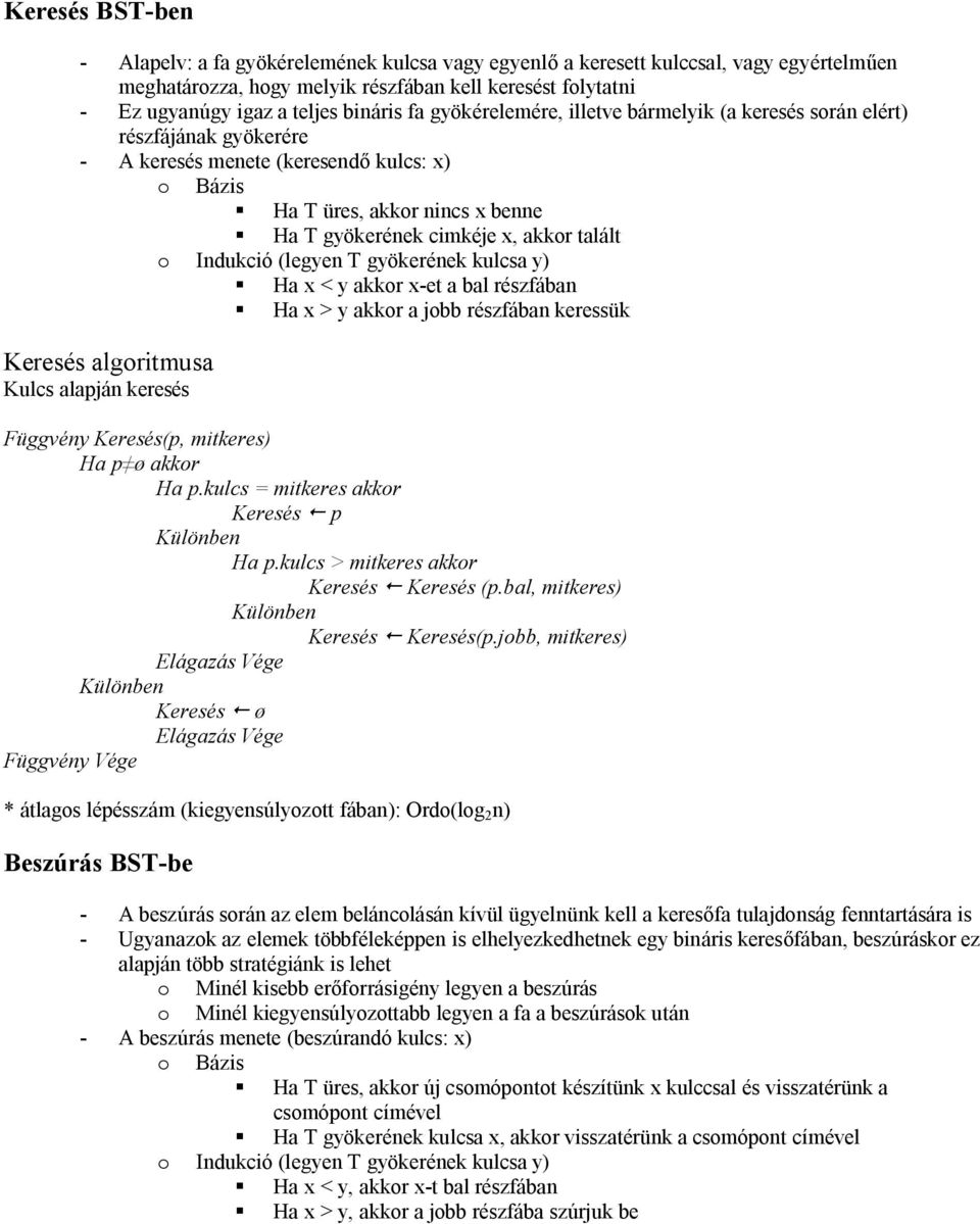 akkor talált o Indukció (legyen T gyökerének kulcsa y) Ha x < y akkor x-et a bal részfában Ha x > y akkor a jobb részfában keressük Keresés algoritmusa Kulcs alapján keresés Függvény Keresés(p,