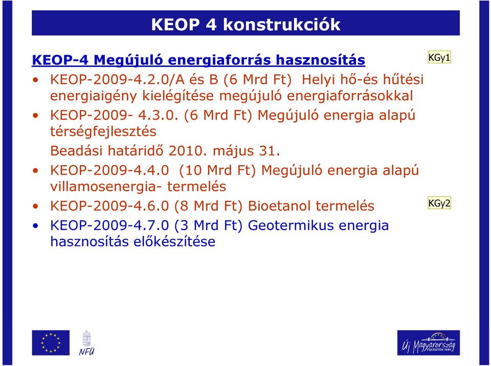 május 31. KEOP-2009-4.4.0 (10 Mrd Ft) Megújuló energia alapú villamosenergia- termelés KEOP-2009-4.6.