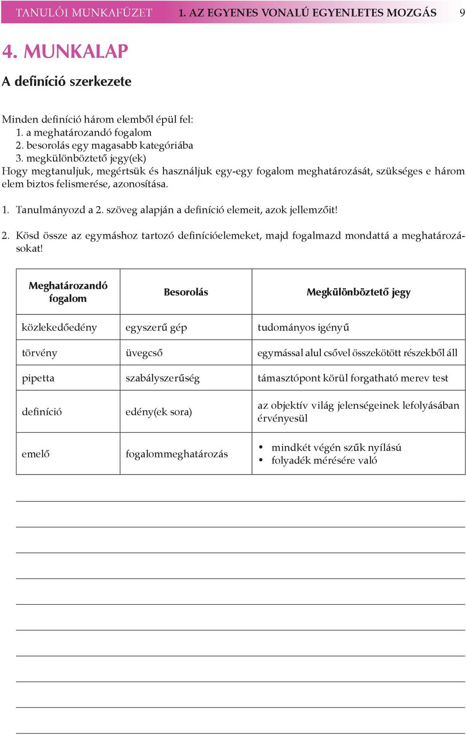 Tanulmányozd a 2. szöveg alapján a definíció elemeit, azok jellemzőit! 2. Kösd össze az egymáshoz tartozó definícióelemeket, majd fogalmazd mondattá a meghatározásokat!