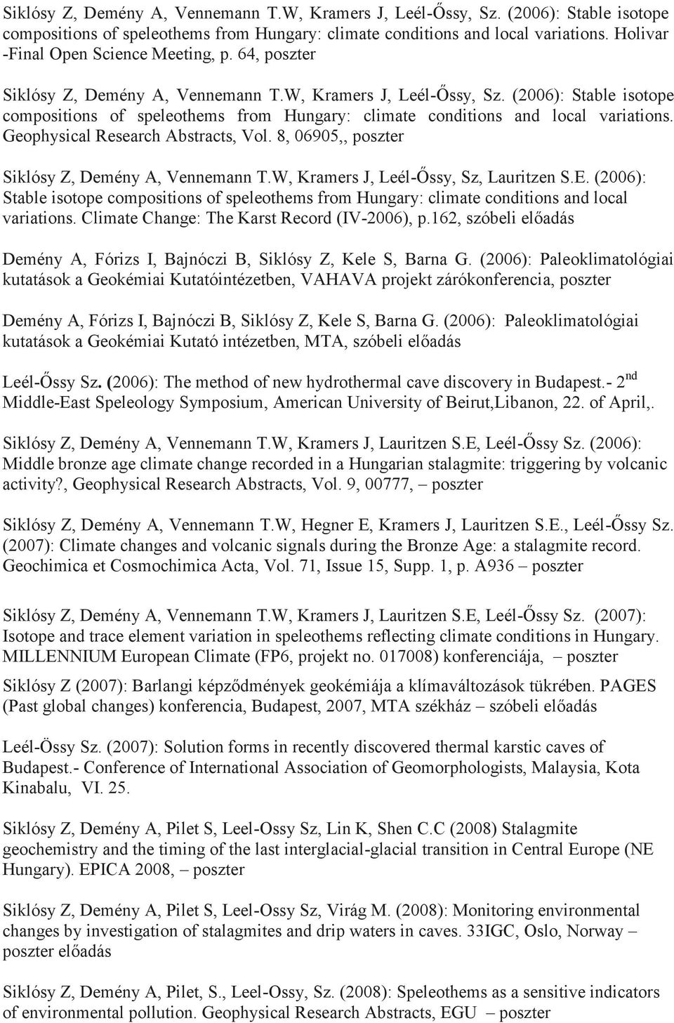 (2006): Stable isotope compositions of speleothems from Hungary: climate conditions and local variations. Climate Change: The Karst Record (IV-2006), p.