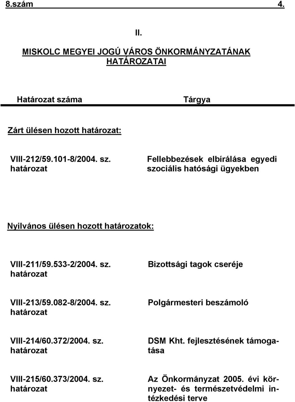 533-2/2004. sz. határozat Bizottsági tagok cseréje VIII-213/59.082-8/2004. sz. határozat i beszámoló VIII-214/60.372/2004. sz. határozat DSM Kht.