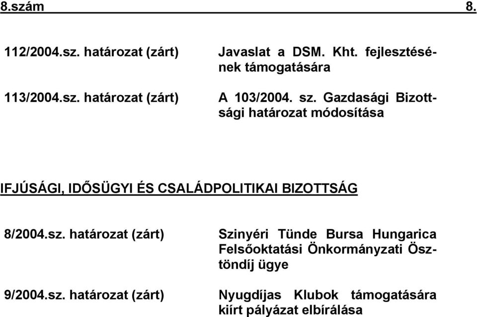 Gazdasági Bizottsági határozat módosítása IFJÚSÁGI, IDŐSÜGYI ÉS CSALÁDPOLITIKAI BIZOTTSÁG 8/2004.sz.