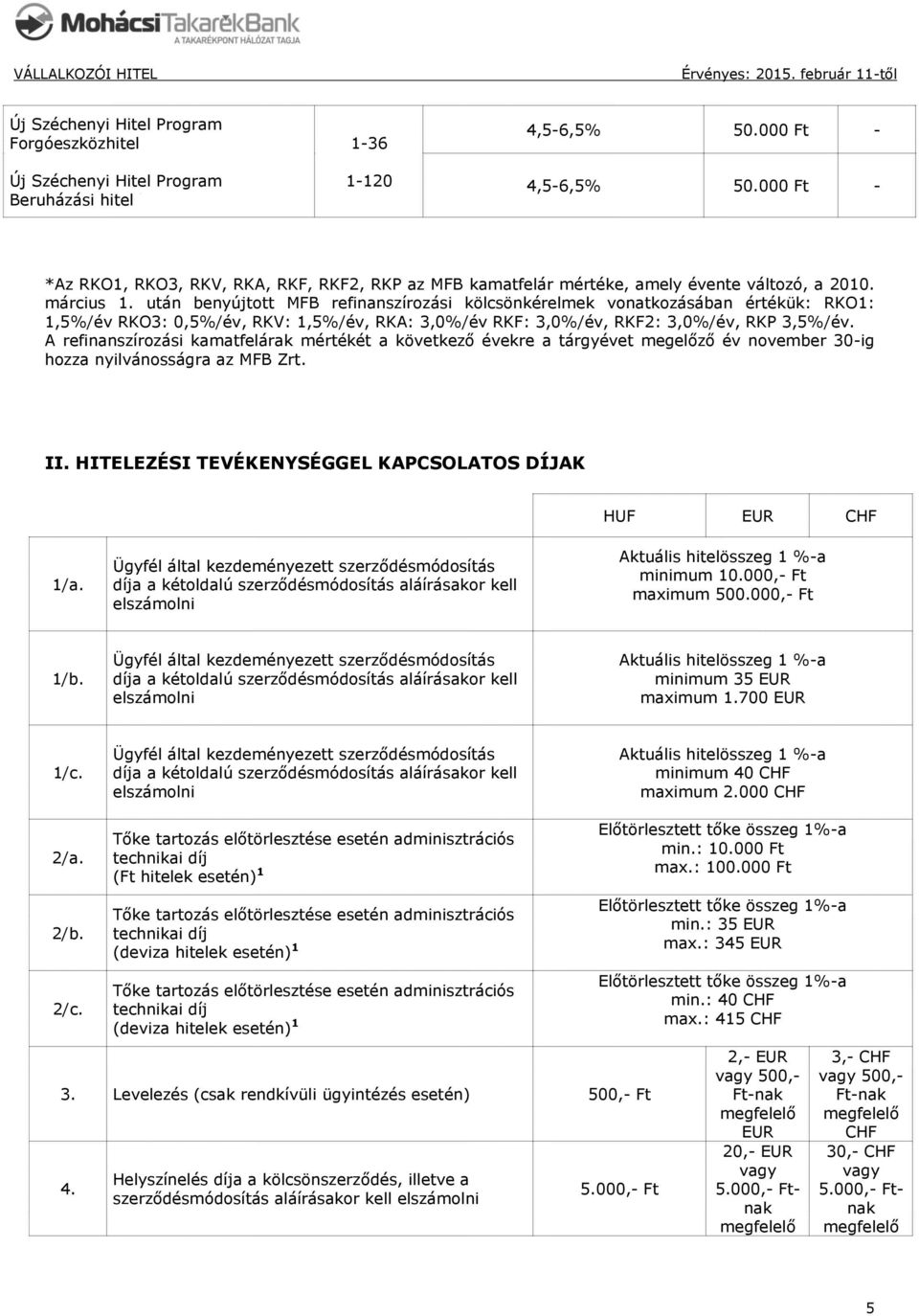 után benyújtott MFB refinanszírozási kölcsönkérelmek vonatkozásában értékük: RKO1: 1,5/év RKO3: 0,5/év, RKV: 1,5/év, RKA: 3,0/év RKF: 3,0/év, RKF2: 3,0/év, RKP 3,5/év.