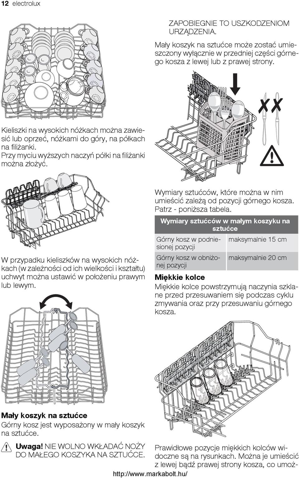 Wymiary sztućców, które można w nim umieścić zależą od pozycji górnego kosza. Patrz - poniższa tabela.