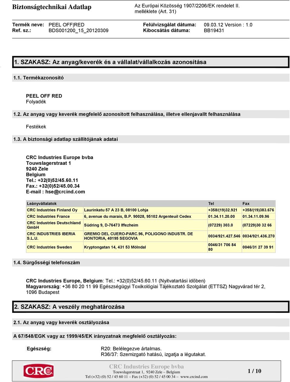 : +32(0)52/45.60.11 Fax.: +32(0)52/45.00.34 E-mail : hse@crcind.com Leányvállalatok Tel Fax CRC Industries Finland Oy Laurinkatu 57 A 23 B, 08100 Lohja +358/(19)32.921 +358/(19)383.