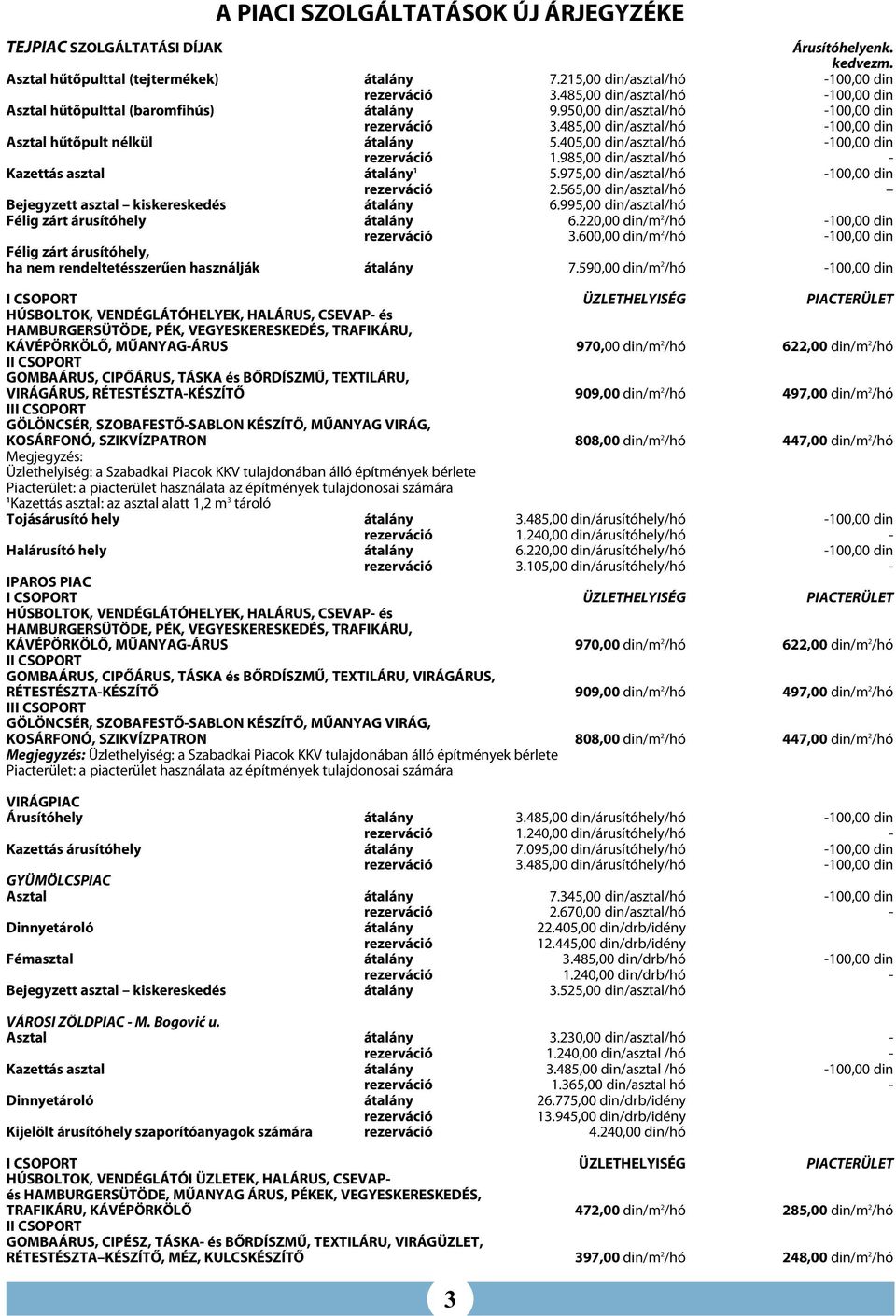 405,00 din/asztal/hó -100,00 din 1.985,00 din/asztal/hó - Kazettás asztal átalány 1 5.975,00 din/asztal/hó -100,00 din 2.565,00 din/asztal/hó Bejegyzett asztal kiskereskedés átalány 6.