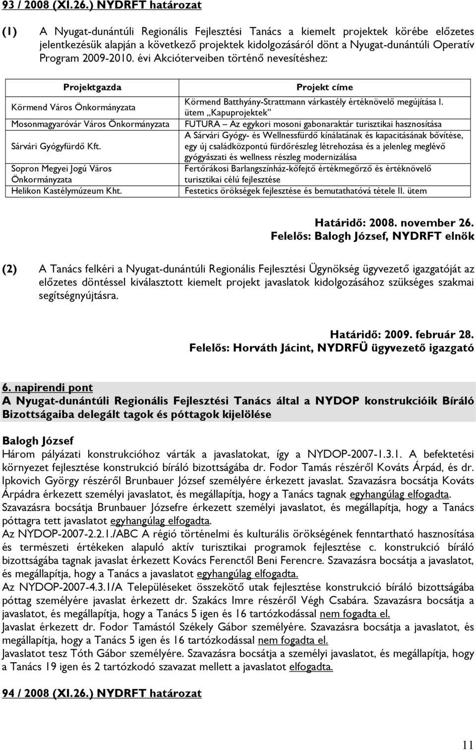 Program 2009-2010. évi Akcióterveiben történő nevesítéshez: Projektgazda Körmend Város Mosonmagyaróvár Város Sárvári Gyógyfürdő Kft. Sopron Megyei Jogú Város Helikon Kastélymúzeum Kht.