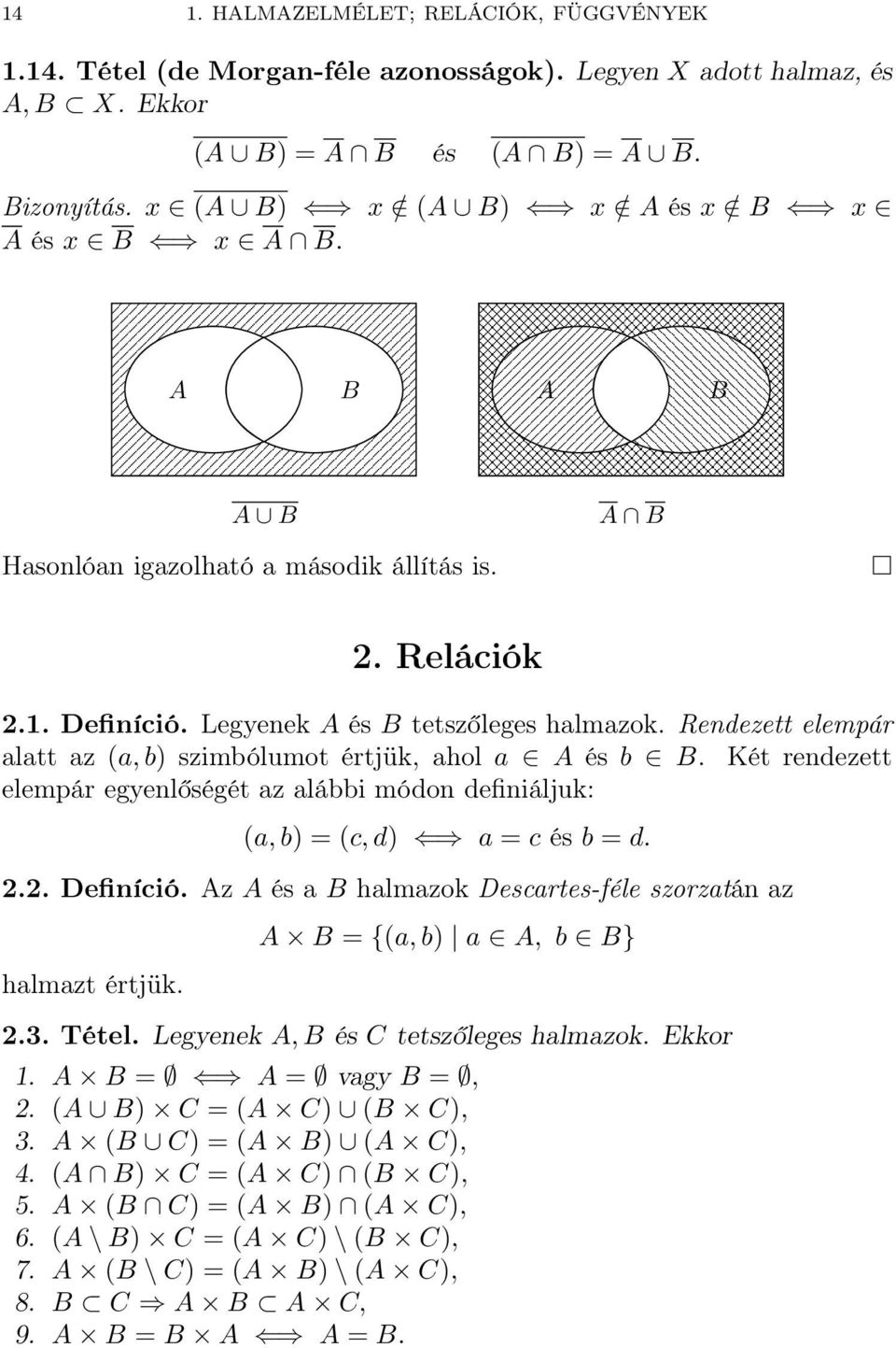 Rendezett elempár alatt az (a, b) szimbólumot értjük, ahol a A és b B. Két rendezett elempár egyenlőségét az alábbi módon definiáljuk: (a, b) = (c, d) a = c és b = d. 2.2. Definíció.