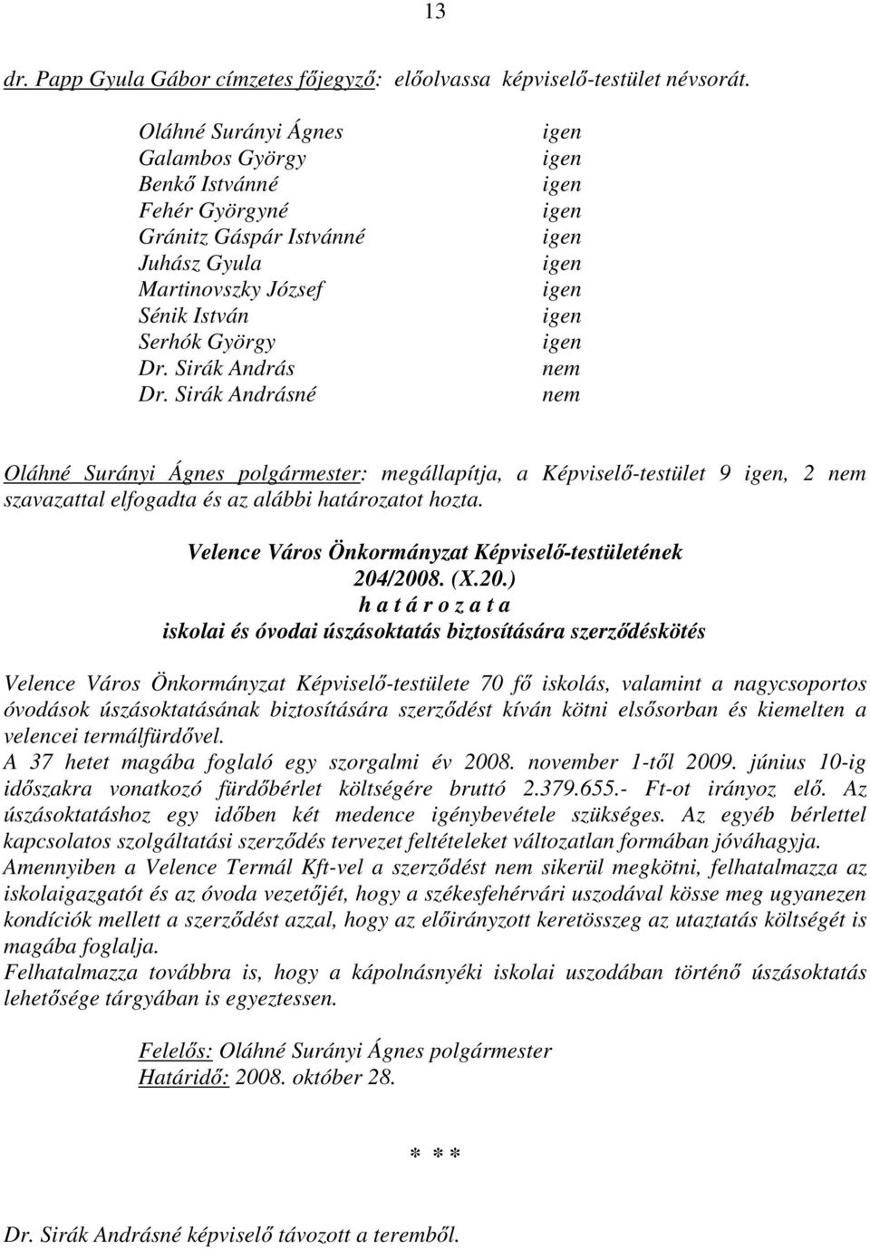Sirák Andrásné nem nem Oláhné Surányi Ágnes polgármester: megállapítja, a Képviselő-testület 9, 2 nem szavazattal elfogadta és az alábbi határozatot hozta.