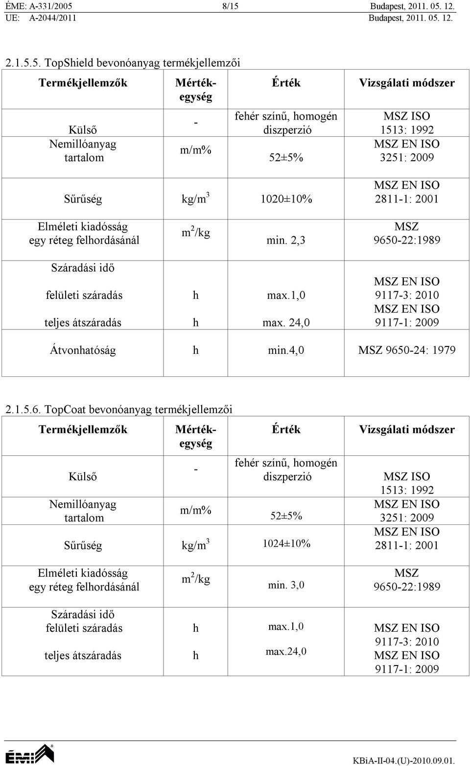 omogén 52±5% Sűrűség kg/m 3 1020±10% ISO 28111: 2001 egy réteg felordásánál min.