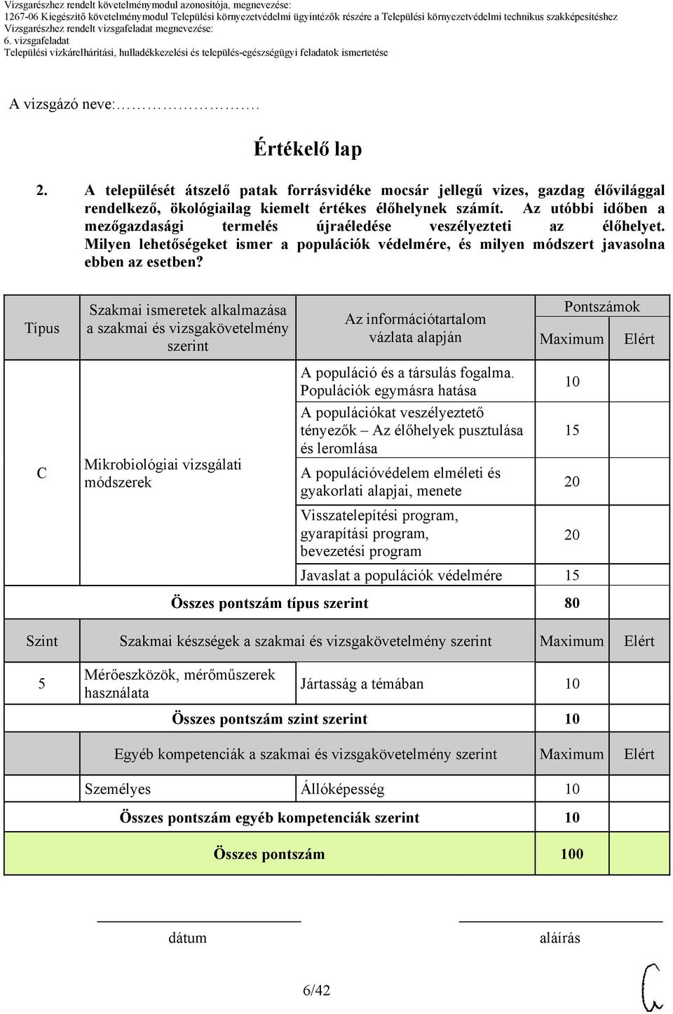 Típus Szakmai ismeretek alkalmazása a szakmai és vizsgakövetelmény szerint Az információtartalom vázlata alapján Pontszámok Maximum Elért A populáció és a társulás fogalma.