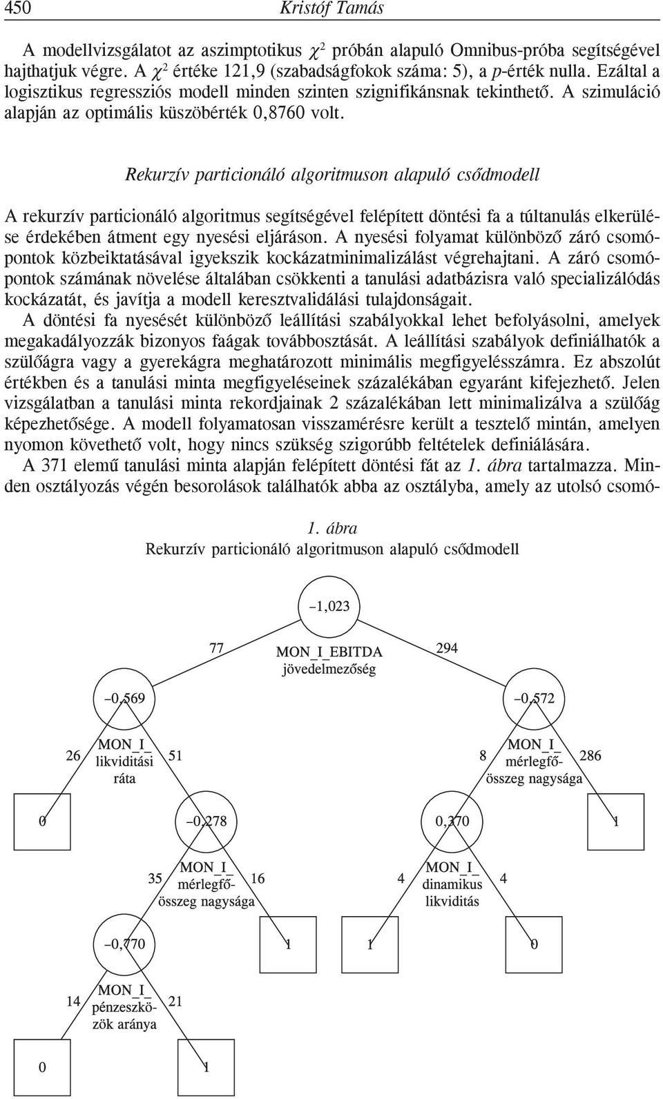 Rekurzív particionáló algoritmuson alapuló csõdmodell A rekurzív particionáló algoritmus segítségével felépített döntési fa a túltanulás elkerülése érdekében átment egy nyesési eljáráson.