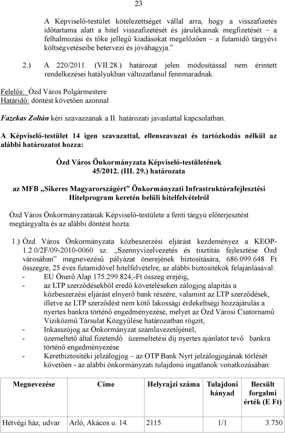 Felelős: Ózd Város Polgármestere Határidő: döntést követően azonnal Fazekas Zoltán kéri szavazzanak a II. határozati javaslattal kapcsolatban.