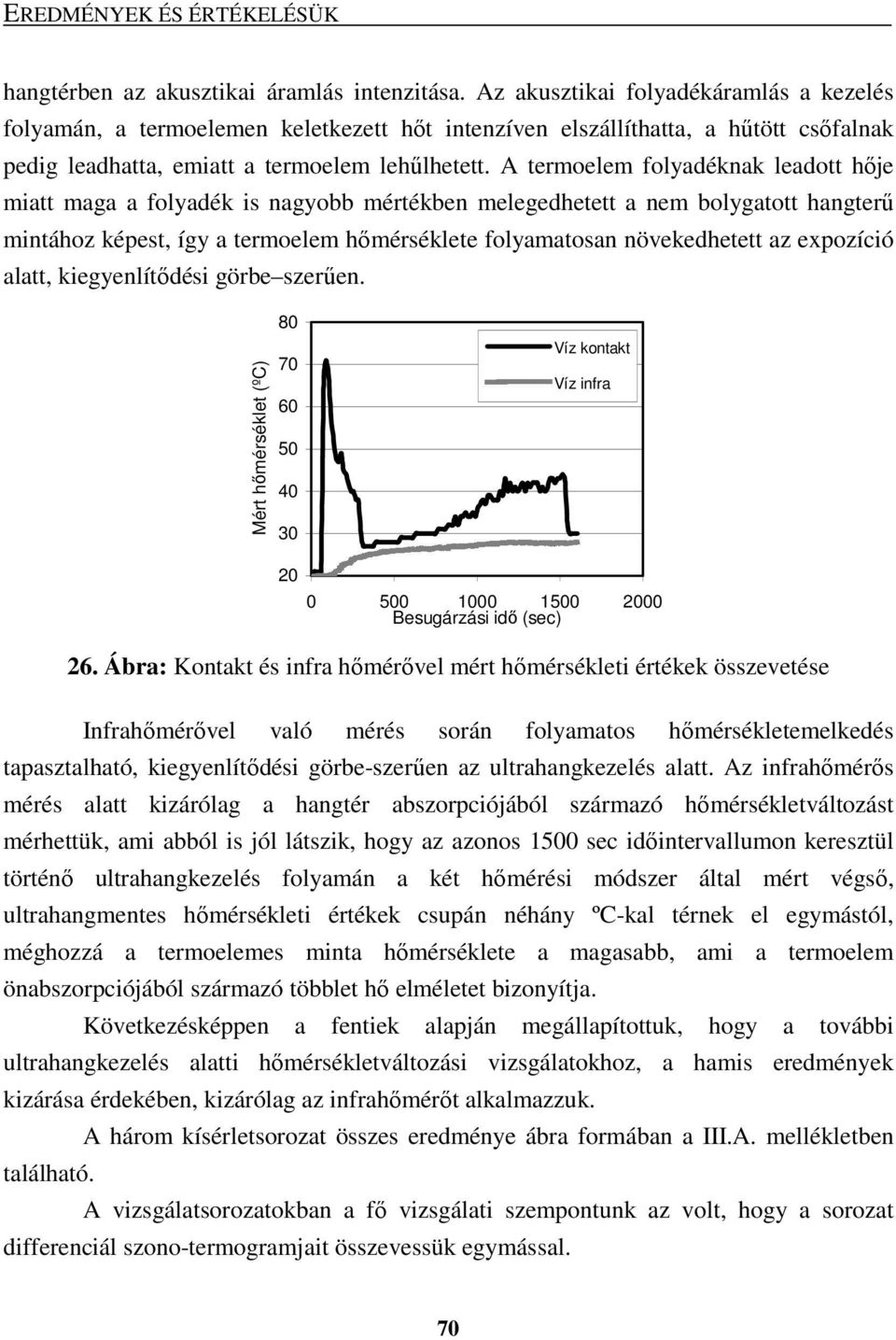 A termoelem folyadéknak leadott hıje miatt maga a folyadék is nagyobb mértékben melegedhetett a nem bolygatott hangterő mintához képest, így a termoelem hımérséklete folyamatosan növekedhetett az