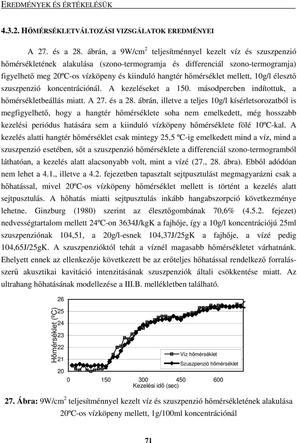 hımérséklet mellett, 10g/l élesztı szuszpenzió koncentrációnál. A kezeléseket a 150. másodpercben indítottuk, a hımérsékletbeállás miatt. A 27. és a 28.