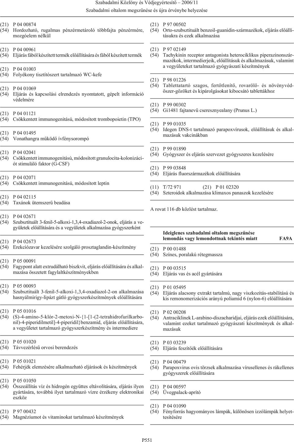 trombopoietin (TPO) (21) P 04 01495 (54) Vonathangra mûködõ ívfénysorompó (21) P 97 00502 (54) Orto-szubsztituált benzoil-guanidin-származékok, eljárás elõállításukra és ezek alkalmazása (21) P 97