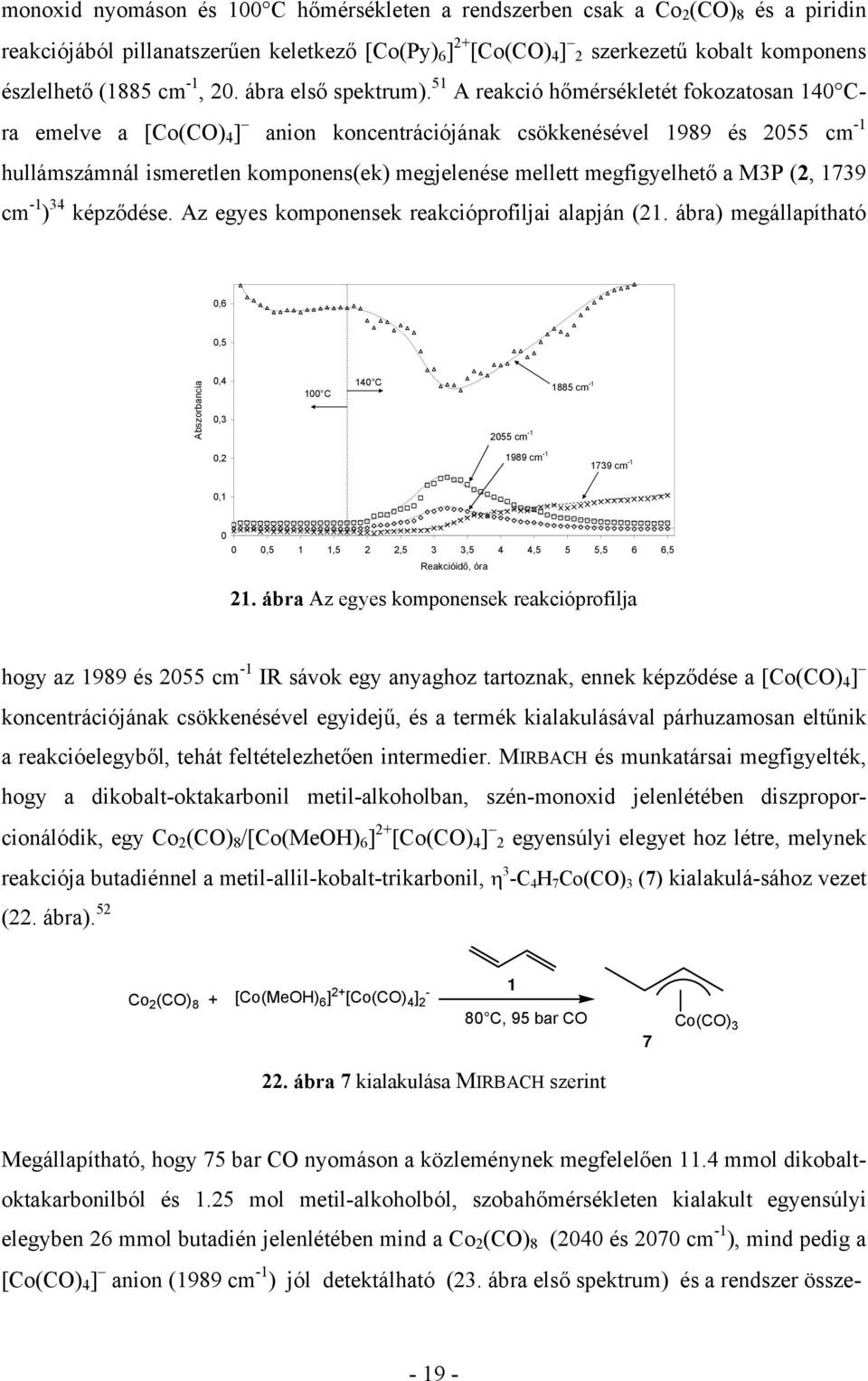 51 A reakció hőmérsékletét fokozatosan 140 Cra emelve a [Co(C) 4 ] anion koncentrációjának csökkenésével 1989 és 2055 cm -1 hullámszámnál ismeretlen komponens(ek) megjelenése mellett megfigyelhető a