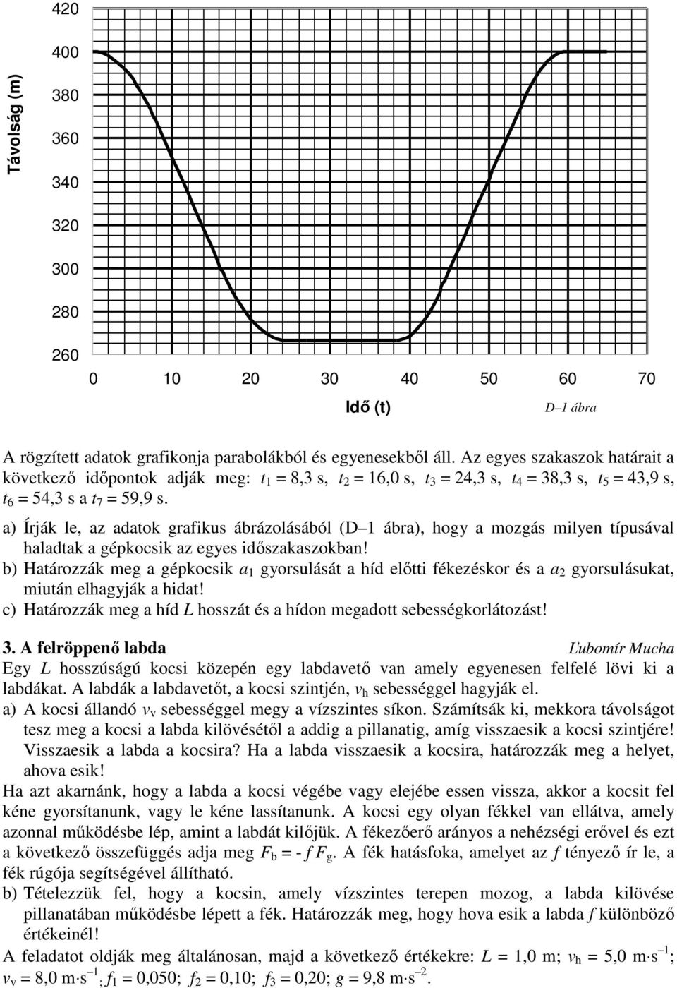 a) Írják le, az adatok grafikus ábrázolásából (D 1 ábra), hogy a mozgás milyen típusával haladtak a gépkocsik az egyes idıszakaszokban!