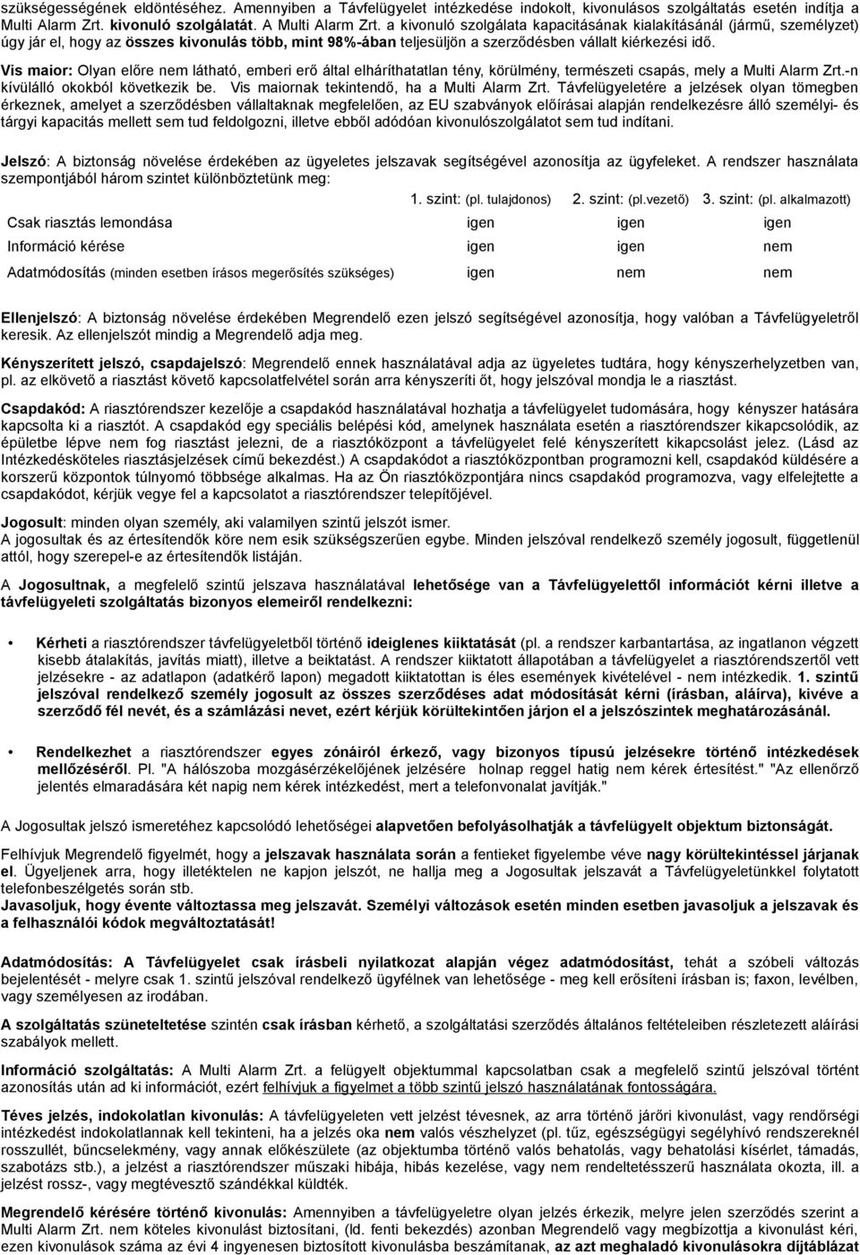 Vis maior: Olyan előre nem látható, emberi erő által elháríthatatlan tény, körülmény, természeti csapás, mely a Multi Alarm Zrt.-n kívülálló okokból következik be.