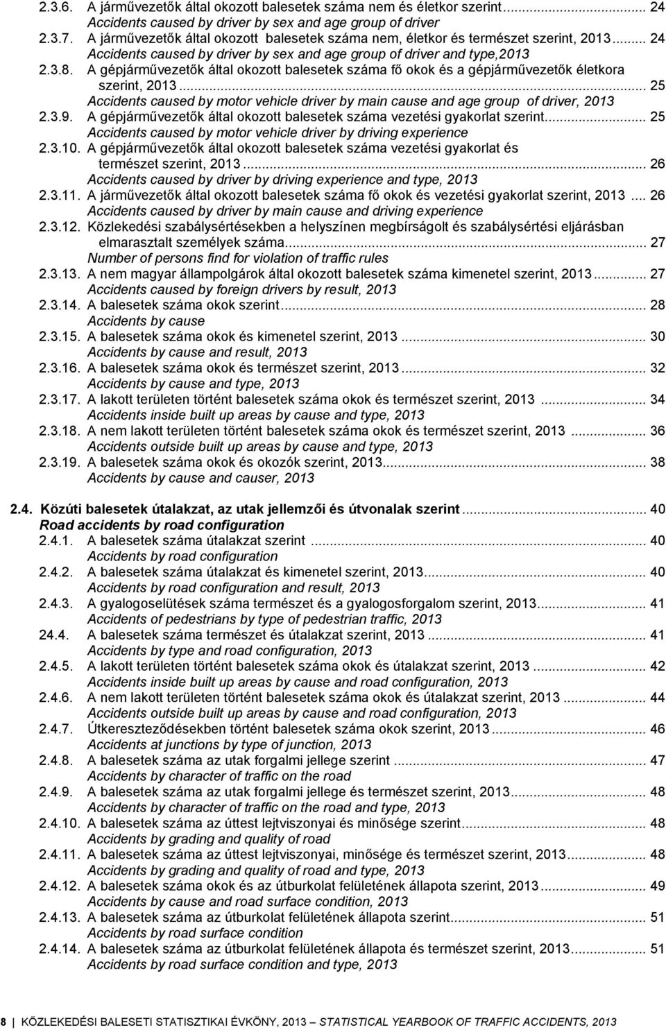 A gépjárművezetők által okozott balesetek száma fő okok és a gépjárművezetők életkora szerint, 2013... 25 Accidents caused by motor vehicle driver by main cause and age group of driver, 2013 2.3.9.