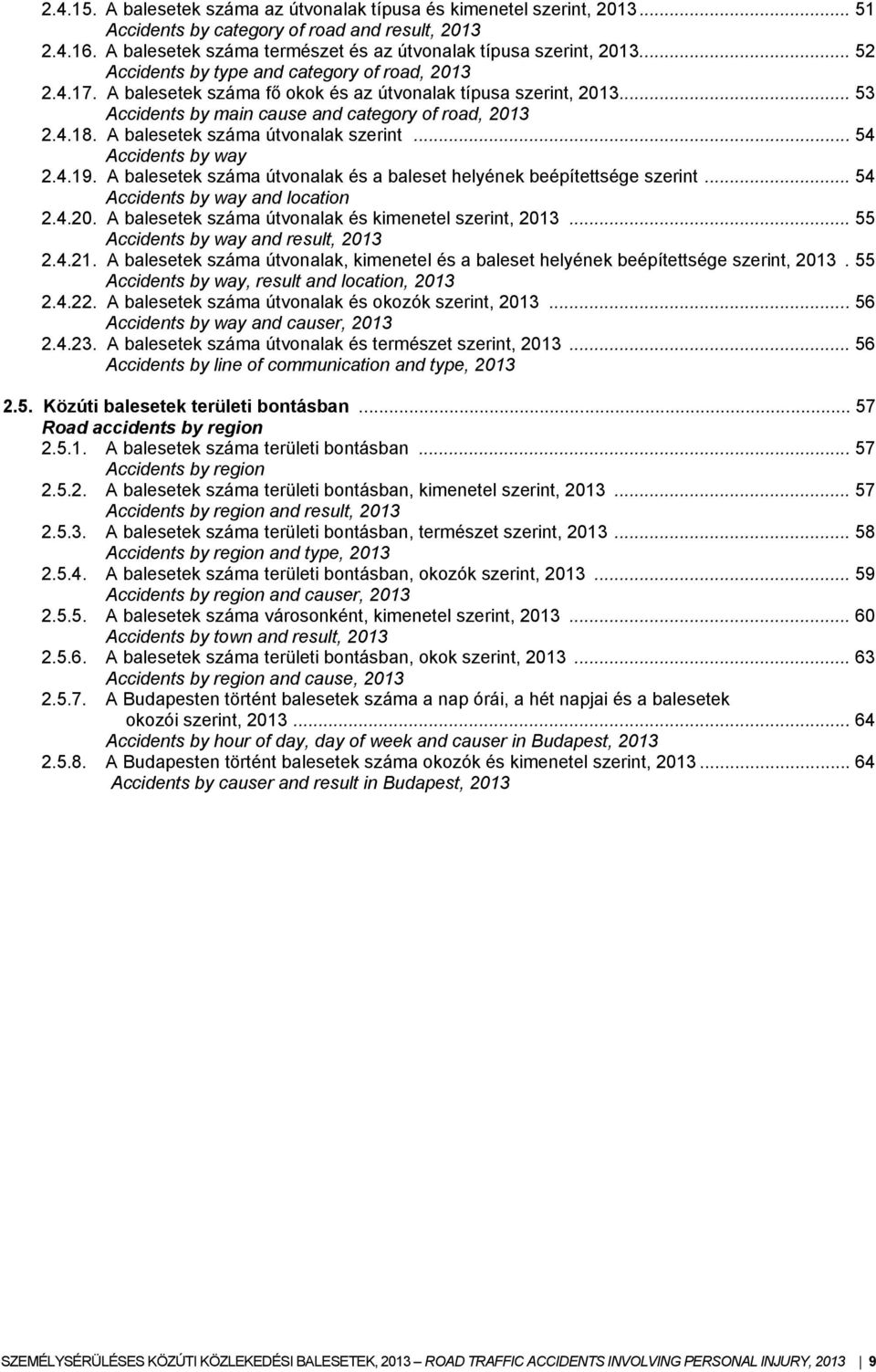 A balesetek száma útvonalak szerint... 54 Accidents by way 2.4.19. A balesetek száma útvonalak és a baleset helyének beépítettsége szerint... 54 Accidents by way and location 2.4.20.