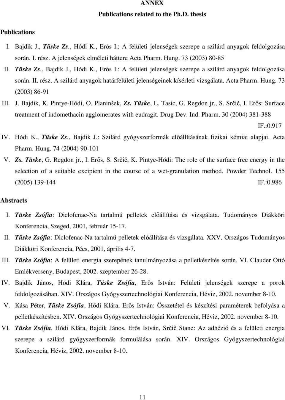 A szilárd anyagok határfelületi jelenségeinek kísérleti vizsgálata. Acta Pharm. Hung. 73 (2003) 86-91 III. J. Bajdik, K. Pintye-Hódi, O. Planinšek, Zs. Tüske, L. Tasic, G. Regdon jr., S. Srčič, I.