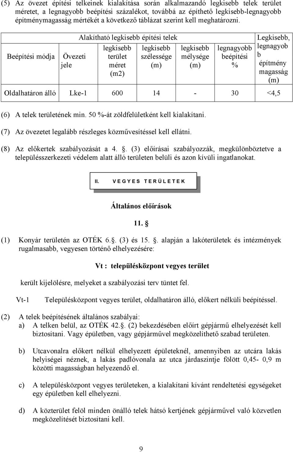 Beépítési módja Övezeti jele Alakítható legkisebb építési telek legkisebb terület méret (m2) legkisebb szélessége legkisebb mélysége legnagyobb beépítési % Legkisebb, legnagyob b építmény magasság